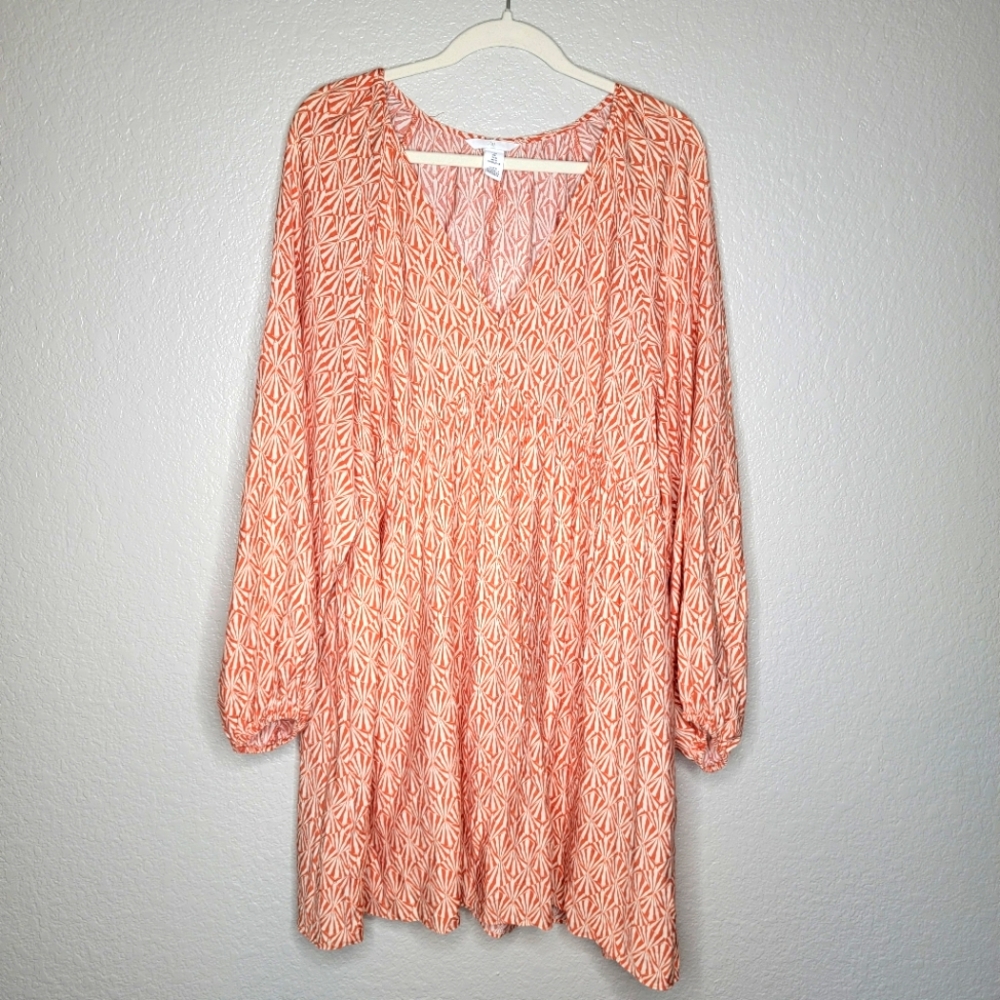 H&M Orange And Cream A-Line Geometric Print Dress W/Oversized Long Sleeve  Large